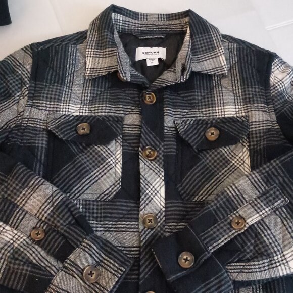 Sonoma Blue & White Plaid Quilted Shacket Boys Small Flannel Lined Shirt Jacket - Picture 5 of 15